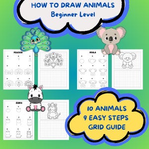 HOW TO DRAW 10 easy animals in 9 simple steps. A basic guide for kids starting to draw with a grid guide for each animal. Bundle 7 of 10.