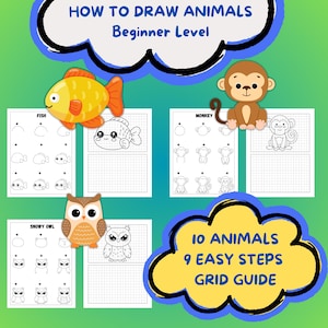 HOW TO DRAW 10 easy animals in 9 simple steps. A basic guide for kids starting to draw with a grid guide for each animal. Bundle 4 of 10.