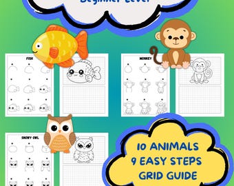 Come disegnare animali per bambini - Pacchetto digitale da scaricare, schede di disegno passo passo, 10 animali facili da stampare, PDF per imparare a disegnare per principianti