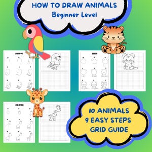 HOW TO DRAW 10 easy animals in 9 simple steps. A basic guide for kids starting to draw with a grid guide for each animal. Bundle 6 of 10.