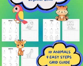 How to Draw Animals for Kids Bundle DIGITAL DOWNLOAD, Step by Step Drawing worksheets, 10 Easy Animals Printable, Learn to Draw Beginner PDF