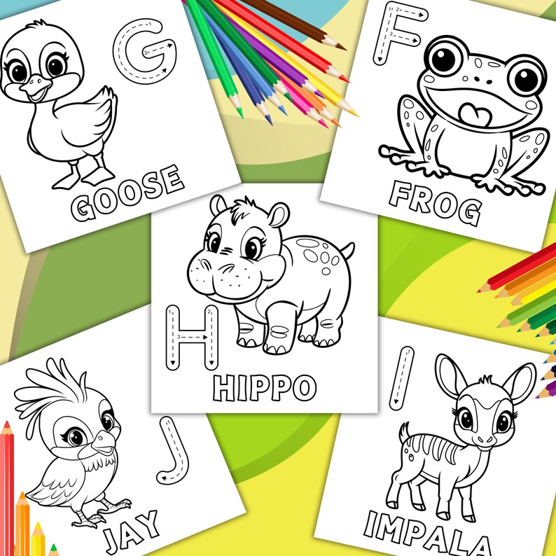 Pu&ograve; includere: Pagine da colorare in bianco e nero con le lettere G, F, H, I, J e gli animali corrispondenti: Oca, Rana, Ippopotamo, Impala e Ghiandaia. Ogni lettera &egrave; delineata e l'animale &egrave; disegnato in uno stile cartone animato.