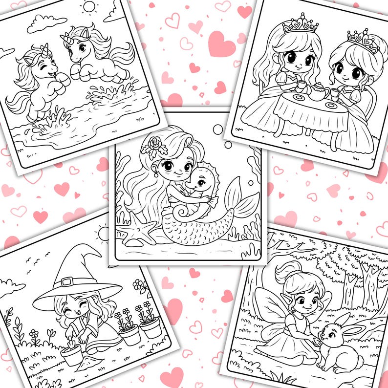 Puede incluir: Una p&aacute;gina para colorear con cinco ilustraciones diferentes de criaturas m&aacute;gicas. Las ilustraciones incluyen una sirena con un caballito de mar, un unicornio, un hada con un conejo, una bruja con un caldero y dos princesas tomando el t&eacute;.