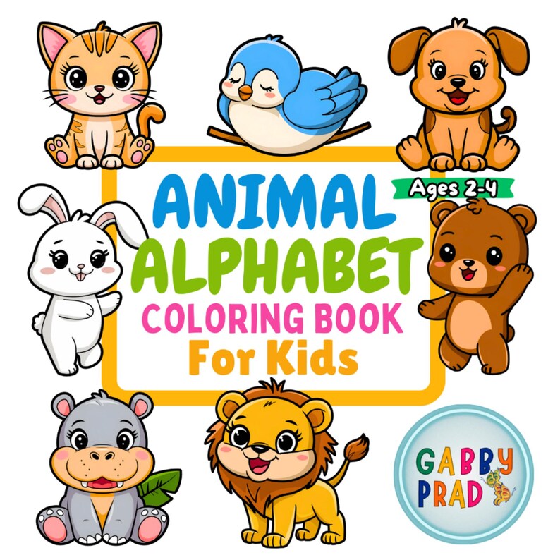 Pu&ograve; includere: Un libro da colorare colorato per bambini con un alfabeto di animali. La copertina mostra una variet&agrave; di animali carini, tra cui un gatto, un uccello, un cane, un coniglio, un orso, un ippopotamo e un leone. Il titolo del libro &egrave; "Animal Alphabet Coloring Book for Kids" e l'autore &egrave; "Gabby Prad".