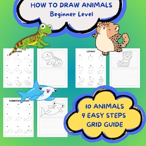 HOW TO DRAW 10 easy animals in 9 simple steps. A basic guide for kids starting to draw with a grid guide for each animal. Bundle 9 of 10.