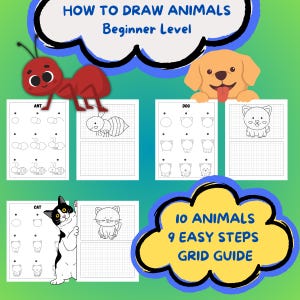 HOW TO DRAW 10 easy animals in 9 simple steps. A basic guide for kids starting to draw with a grid guide for each animal. Bundle 2 of 10