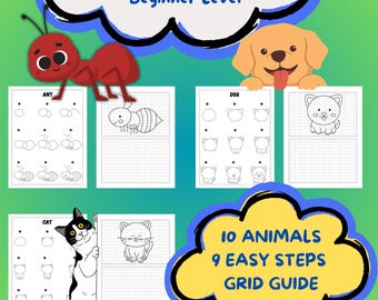 Come disegnare animali per bambini - Pacchetto digitale da scaricare, schede di disegno passo passo, 10 animali facili da stampare, PDF per imparare a disegnare per principianti