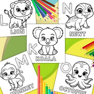 Pu&ograve; includere: Pagine da colorare in bianco e nero con le lettere L, K, M, N e O con i corrispondenti animali: leone, koala, scimmia, tritone e polpo. Ogni lettera &egrave; delineata con linee tratteggiate per il tracciamento.