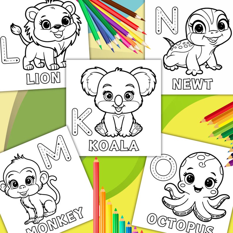 Pu&ograve; includere: Pagine da colorare in bianco e nero con le lettere L, K, M, N e O con i corrispondenti animali: leone, koala, scimmia, tritone e polpo. Ogni lettera &egrave; delineata con linee tratteggiate per il tracciamento.