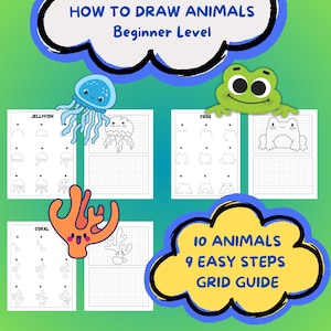 HOW TO DRAW 10 easy animals in 9 simple steps. A basic guide for kids starting to draw with a grid guide for each animal. Bundle 1 of 10
