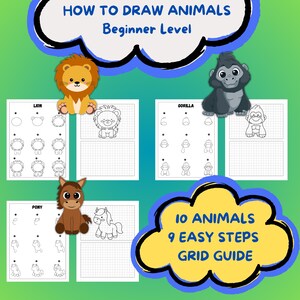 HOW TO DRAW 10 easy animals in 9 simple steps. A basic guide for kids starting to draw with a grid guide for each animal. Bundle 5 of 10.