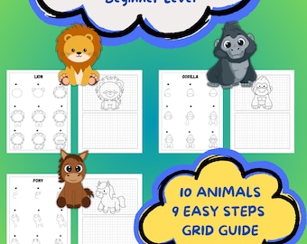 How to Draw Animals for Kids Bundle DIGITAL DOWNLOAD, Step by Step Drawing worksheets, 10 Easy Animals Printable, Learn to Draw Beginner PDF