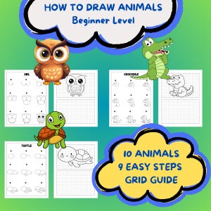 HOW TO DRAW 10 easy animals in 9 simple steps. A basic guide for kids starting to draw with a grid guide for each animal. Bundle 8 of 10.