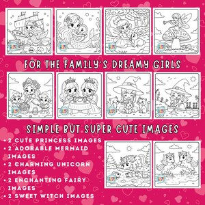 Puede incluir: Un conjunto de diez p&aacute;ginas para colorear en blanco y negro con lindas princesas, sirenas, unicornios, hadas y brujas. Las p&aacute;ginas est&aacute;n dise&ntilde;adas para ni&ntilde;os y presentan im&aacute;genes simples y f&aacute;ciles de colorear. "Para las chicas so&ntilde;adoras de la familia" y "Im&aacute;genes simples pero s&uacute;per lindas" est&aacute;n escritas en la parte superior de la p&aacute;gina.