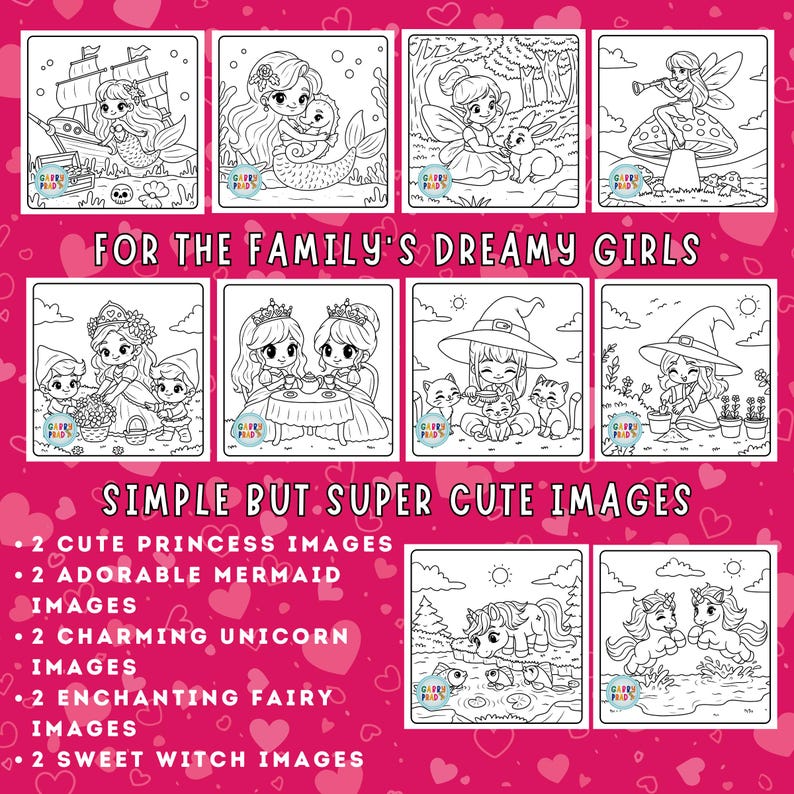 Puede incluir: Un conjunto de diez p&aacute;ginas para colorear en blanco y negro con lindas princesas, sirenas, unicornios, hadas y brujas. Las p&aacute;ginas est&aacute;n dise&ntilde;adas para ni&ntilde;os y presentan im&aacute;genes simples y f&aacute;ciles de colorear. "Para las chicas so&ntilde;adoras de la familia" y "Im&aacute;genes simples pero s&uacute;per lindas" est&aacute;n escritas en la parte superior de la p&aacute;gina.