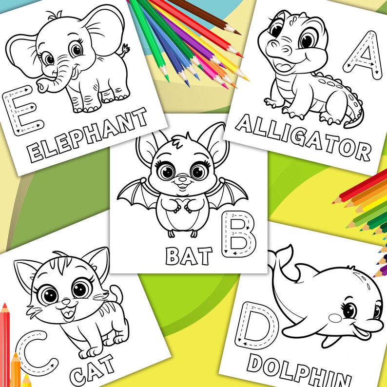 Pu&ograve; includere: Pagine da colorare in bianco e nero con un alligatore, un pipistrello, un gatto, un delfino e un elefante. Ogni animale &egrave; abbinato a una lettera dell'alfabeto. Le lettere sono delineate e pronte per essere tracciate.