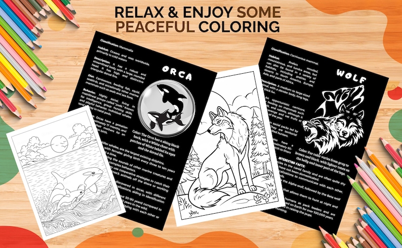 May include: Black and white coloring pages featuring an orca, a wolf, and a wolf pack. The pages include fun facts about each animal. "Relax & Enjoy Some Peaceful Coloring" is written at the top of the image.