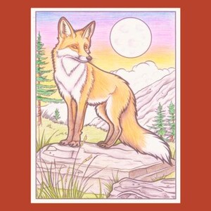 May include: A red fox with a white chest and tail tip stands on a rock in a forest setting. The fox is looking to the right, and the background features a full moon, clouds, and trees.