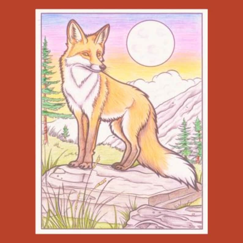 May include: A red fox with a white chest and tail tip stands on a rock in a forest setting. The fox is looking to the right, and the background features a full moon, clouds, and trees.