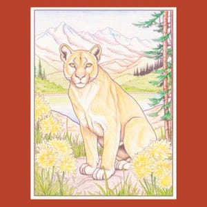 May include: A detailed pencil drawing of a mountain lion sitting in a field of yellow flowers. The lion is looking directly at the viewer with a serious expression. The background features a mountain range and a lake.
