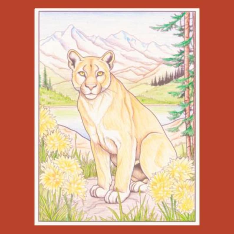 May include: A detailed pencil drawing of a mountain lion sitting in a field of yellow flowers. The lion is looking directly at the viewer with a serious expression. The background features a mountain range and a lake.