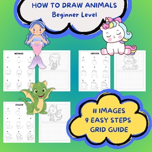 HOW TO DRAW 11 easy animals in 9 simple steps. A basic guide for kids starting to draw with a grid guide for each animal. Bundle 10 of 10.