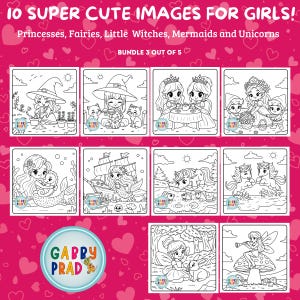 Puede incluir: Un conjunto de 10 p&aacute;ginas para colorear en blanco y negro con im&aacute;genes lindas de princesas, hadas, brujas, sirenas y unicornios. El t&iacute;tulo del conjunto es "10 SUPER CUTE IMAGES FOR GIRLS!" y "BUNDLE 3 OUT OF 5".