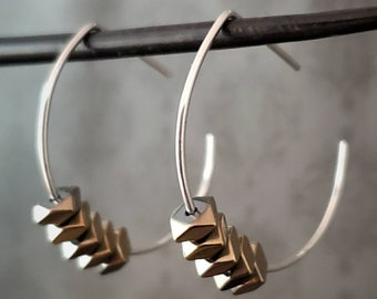 Minimalist Geometric Hoop Earrings • Sterling Silver • Bronze Electroplated Hematite • Root Chakra