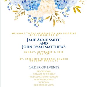Pode incluir: Convite de casamento com detalhes florais. O convite apresenta os nomes de Jane Anne Smith e John Ryan Matthews, com a data de domingo, 2 de setembro de 2018, e a hora 18:00. A ordem dos eventos é listada.