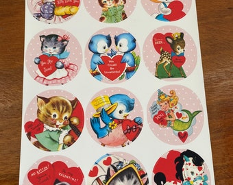 Vintage valentines stickers - sheet of 12 circle stickers