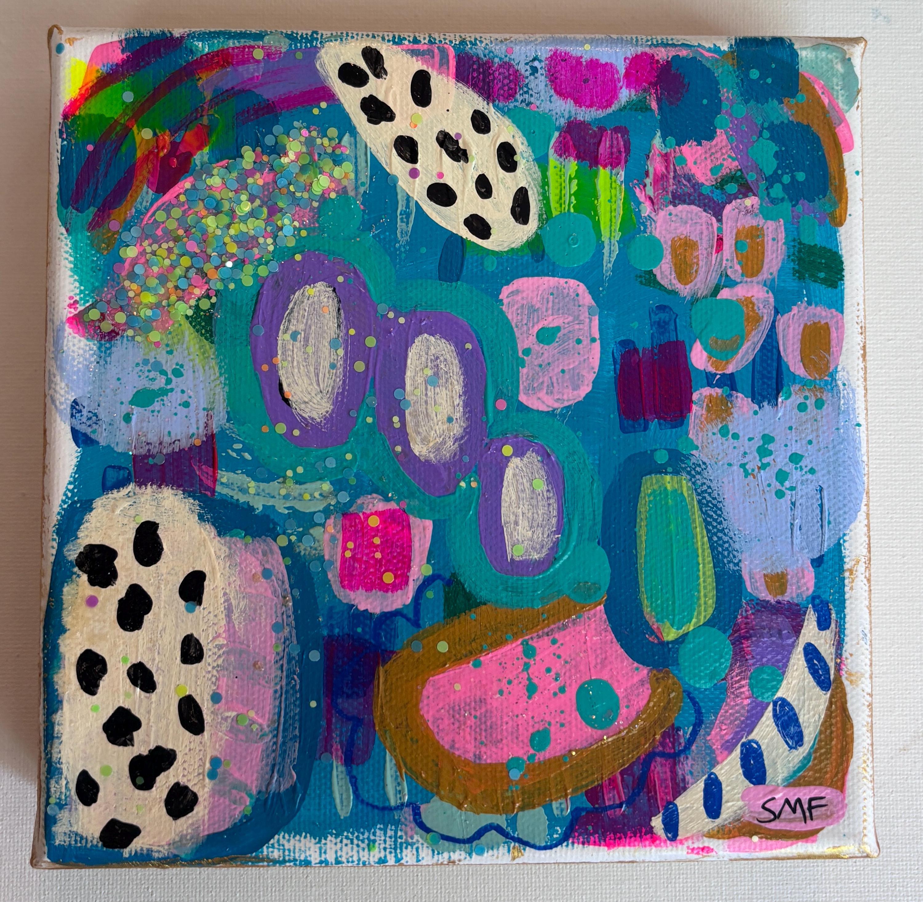 カラフルなアクリル抽象画 カラフルなオリジナル抽象画 6x6 キャンバスに描かれたアクリル画 - 花