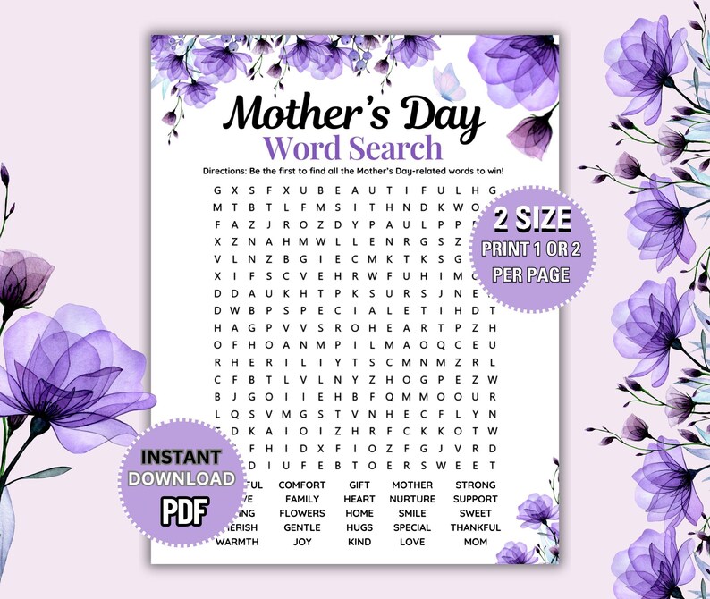 Mother’s Day Word Search, Downloadable Mother’s Day Word Search, Mother ...