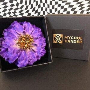 Purple Hair Flower Clip With Handsewn Crystals and Beads in Gift Box