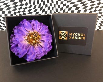 Purple Hair Flower Clip With Handsewn Crystals and Beads in Gift Box