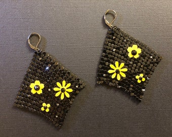 Black Chainmail Earrings With Hand Cut Flowers and Swarovski Crystals