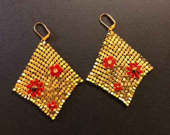 Gold Chainmail Earrings With HandCut Flowers and Swarovski Crystals
