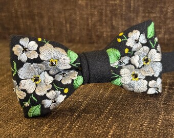 Winter Snow Flowers Embroidered Wool Bow Tie on Adjustible Strap