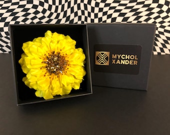 Sunshine Yellow Flower Hair Clip with Handsewn Crystals and Beads in Gift Box