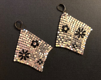 Silver Chainmail Earrings with Hand Cut Flowers and Swarovski Crystals
