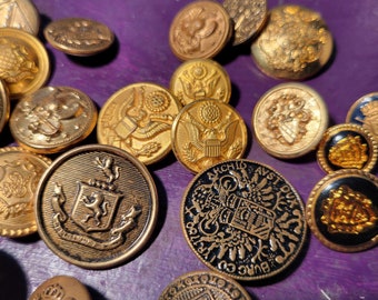 Vintage gold tone and brass tone metal Buttons lot of 50, crests, shields, wings eagles, multiple designs and sizes, bulk craft supply