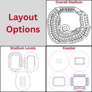 May include: Diagram showing stadium layout options, including overall stadium view, stadium levels, and coaster designs. The text "Layout Options" is in red. Coaster designs include a stadium outline with "San Antonio, TX" text.