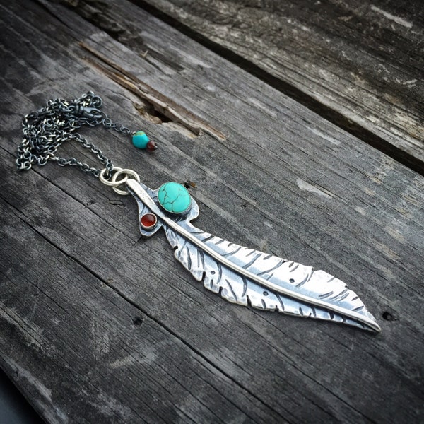 Sterling Silver Necklace Feather Necklace Turquoise Necklace Handmade Wild Prairie Silver Jewelry Joy Kruse