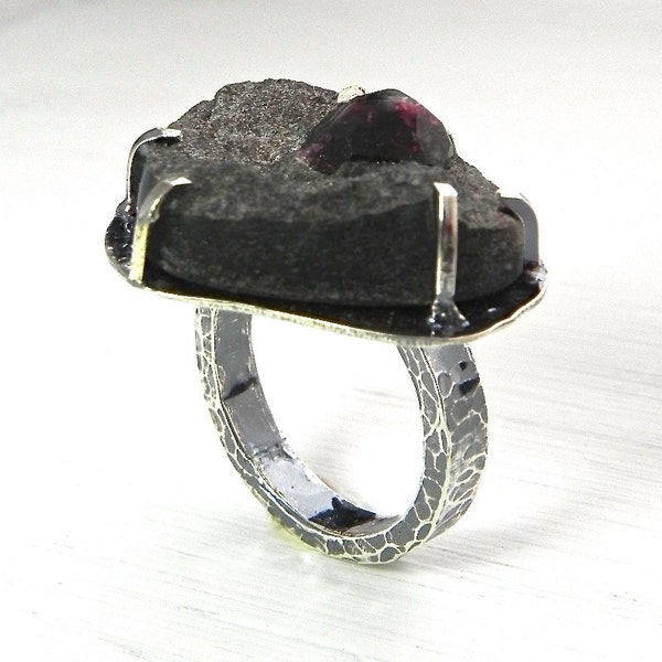 Garnet In Shist Ring Sterling Handmade Wild Prairie Silver Jewelry