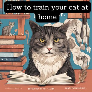 Può includere: Un libro intitolato "Come addestrare il tuo gatto a casa" con un'illustrazione di un gatto grigio e bianco seduto su un libro con un gatto più piccolo seduto su uno scaffale dietro di lui.