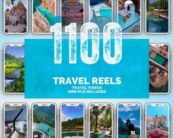 May include: A collage of 12 images showcasing various travel destinations. The images feature scenic landscapes, historical landmarks, and luxurious accommodations. The text "1100 Travel Reels" and "Travel Videos MRR+PLR Included" is displayed in the center of the collage.