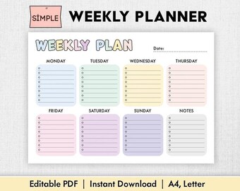 Planificador semanal / Imprimible, digital / Planificador semanal PDF / Organizador semanal / Plantilla de lista de tareas semanales / Plan semanal / Plan semanal