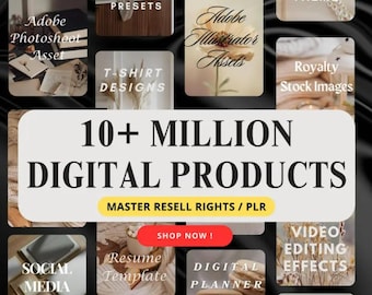 Op de afbeelding: Een promotieafbeelding met digitale producten. De afbeelding toont verschillende productcategorieën, waaronder Adobe-assets, Shopify-thema's en cv-sjablonen. De centrale tekst luidt "10+ MILLION DIGITAL PRODUCTS" met een "Shop Now!"-knop.