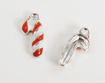 Candy Cane Christmas charms. QTY 2+. Red white enamel, silver plated. For adjustable bangles , pendant, earrings. add-on charms (2-8)