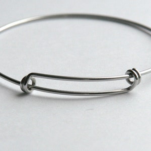 May include: A silver-coloured, adjustable bangle bracelet. The bracelet is made of a thin, round metal wire that forms a circular shape. A rectangular section connects the two sides, with a knot-like design on each end. The bracelet is designed to expand and contract.