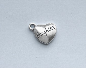 Silver DAUGHTER heart charm, qty 4+, plated, lead-free, 18x15mm, for necklaces, bracelets, wraps, mother jewelry, mother's day gift (2-1)